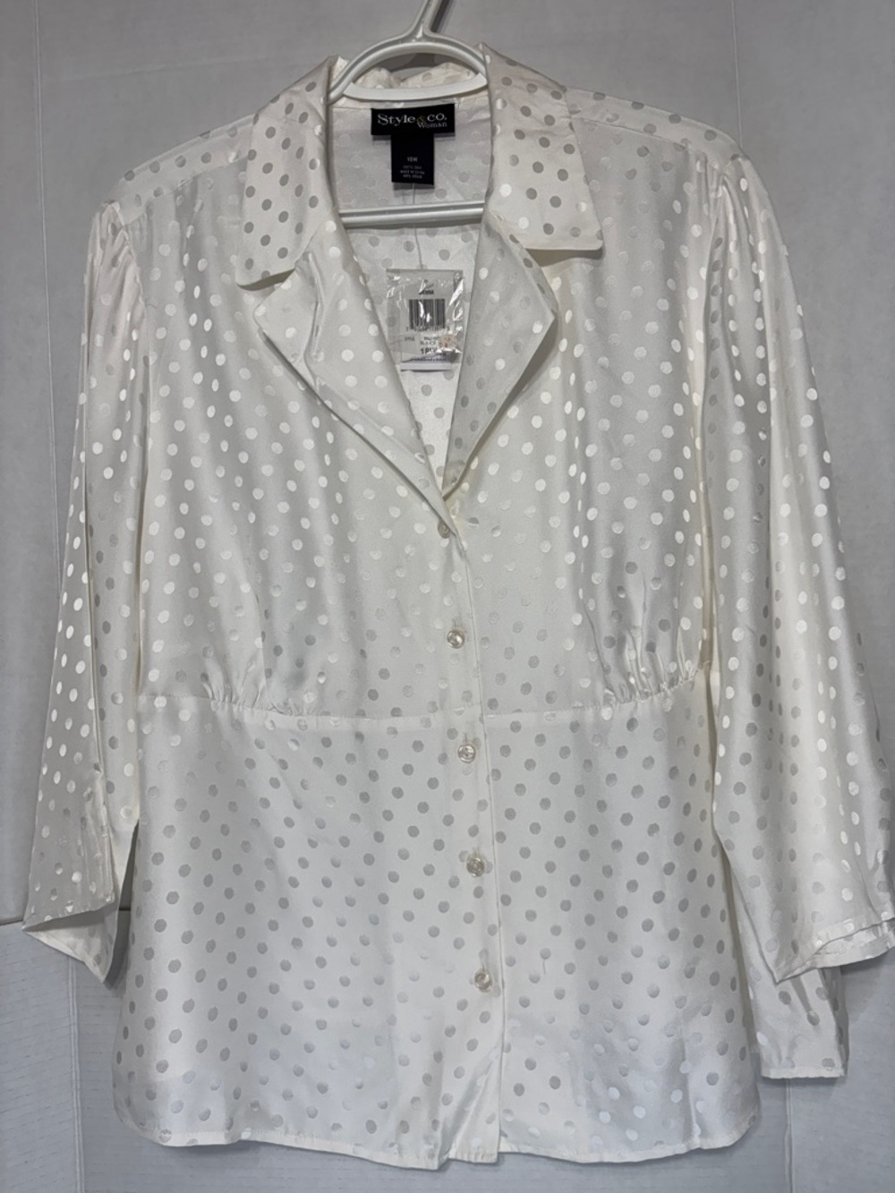 Style & Co. Women’s White 100% Silk Polka-Dot Button-Front Blouse Old Money